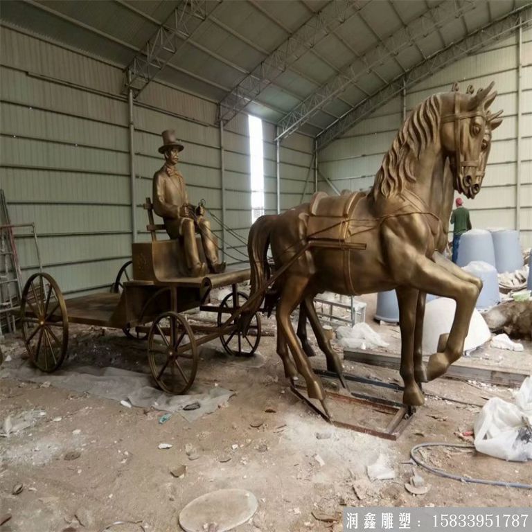 玻璃鋼仿銅馬拉車雕塑景觀 拉車雕塑定制 馬車價格